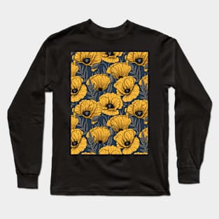 Yellow poppy garden on navy Long Sleeve T-Shirt